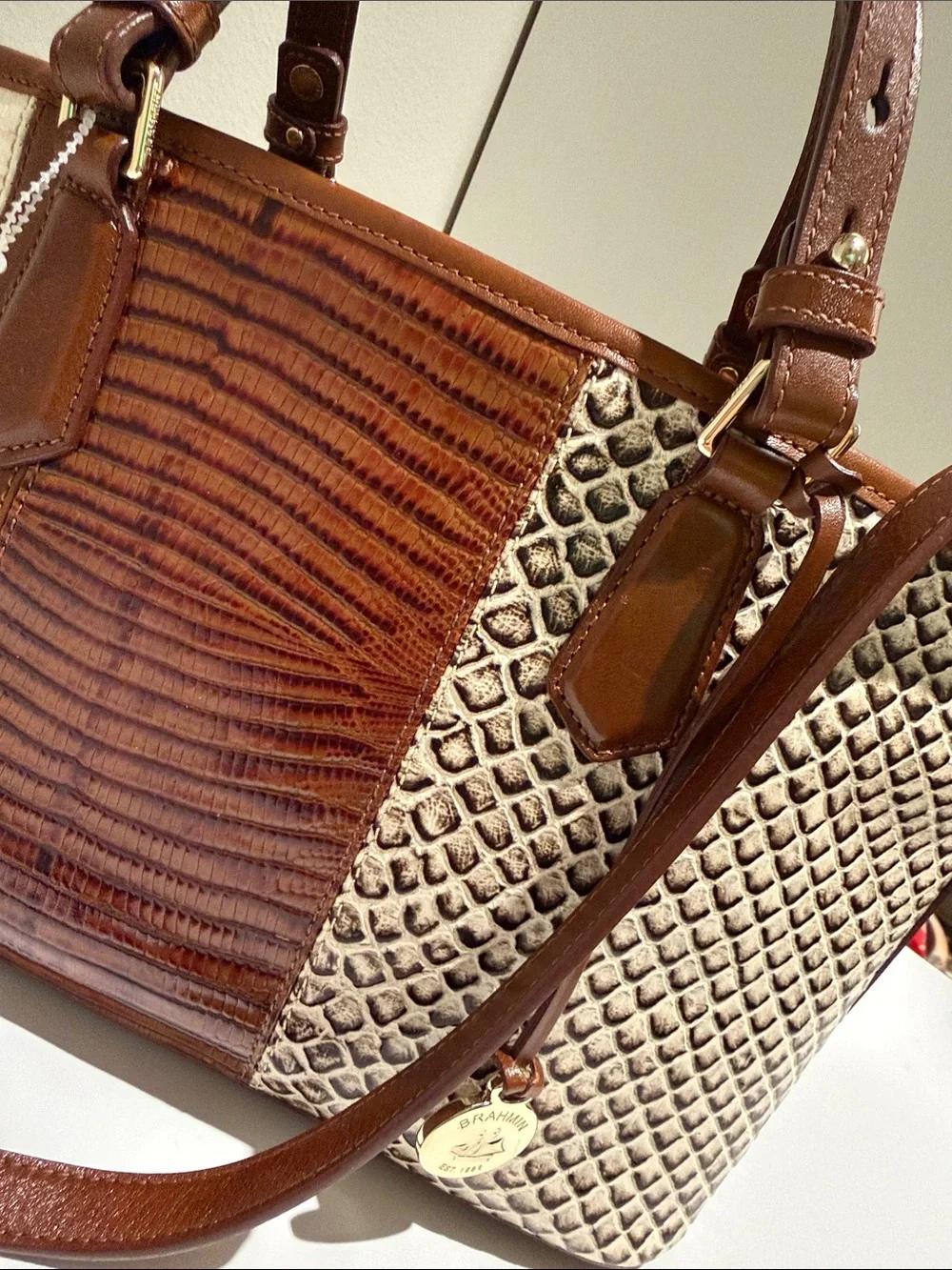 Brahmin Tri-Panel Leather Satchel in Brown and Cream